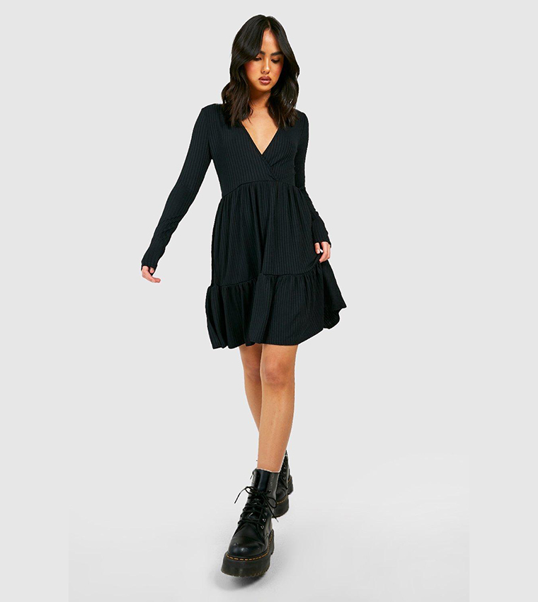 Black ribbed 2024 skater dress