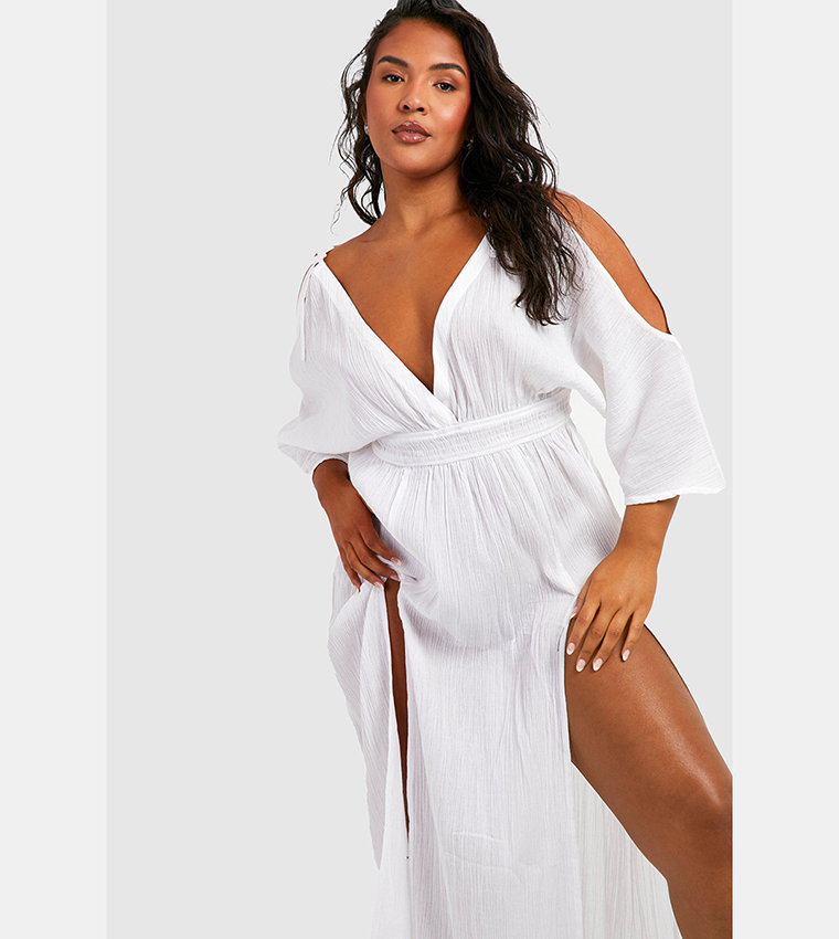 Buy Boohoo Cheesecloth Cold Shoulder Maxi Beach Dress In White