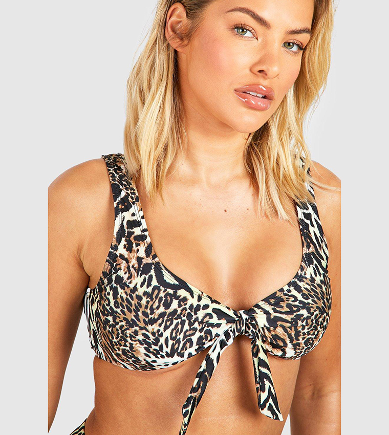 Leopard Tie Plunge Bikini Top