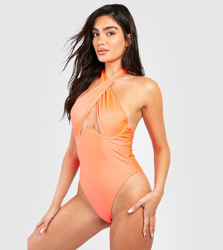 Buy Boohoo Underwired Cross Front Tie Swimsuit In Orange 6thStreet Kuwait