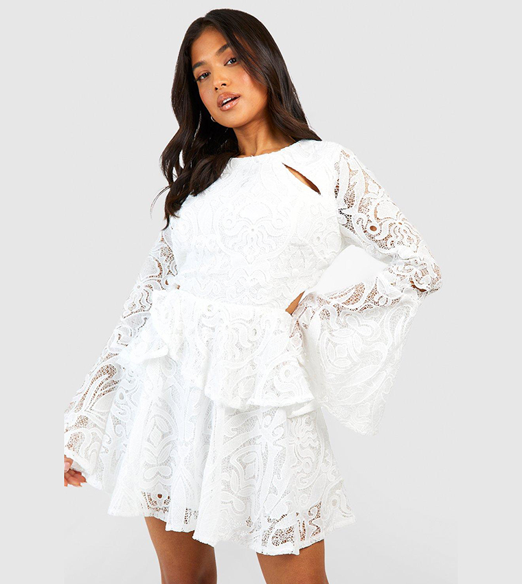 Buy Boohoo Premium Lace Flare Sleeves Mini Dress In White | 6thstreet Qatar