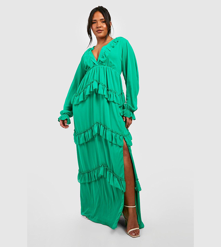 Buy Boohoo Frill Plunge Ruffle Maxi Dress In Green 6thStreet Kuwait