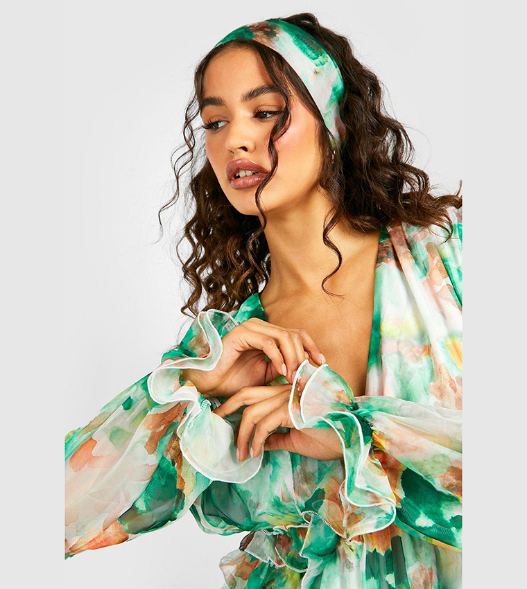 Buy Boohoo V Neck Printed Floaty Ruffle Smock Dress In Green