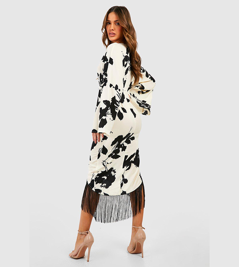 Scarlett Floral Print Tassel Fringe Dress Beige