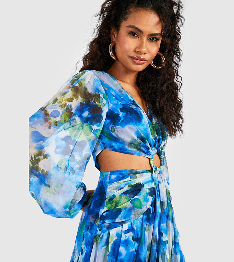 Buy Boohoo Floral Print Chiffon Cut Out Maxi Dress In Blue