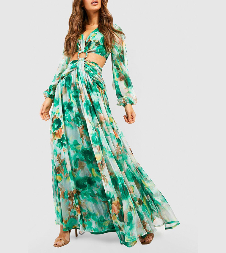 boohoo floral chiffon print cut out maxi dress Brown Floral Chiffon Cut Out Maxi Dress