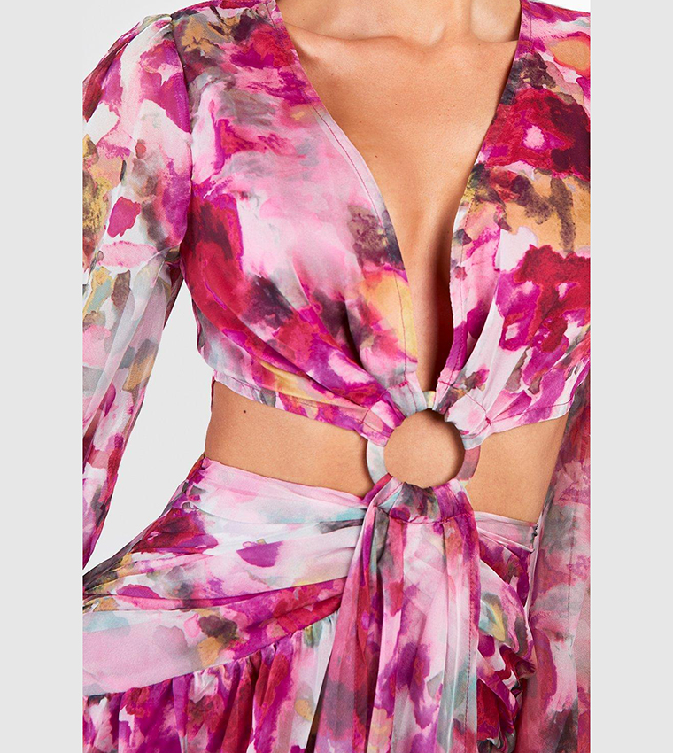 Buy Boohoo Floral Print Chiffon Cut Out Maxi Dress In Pink