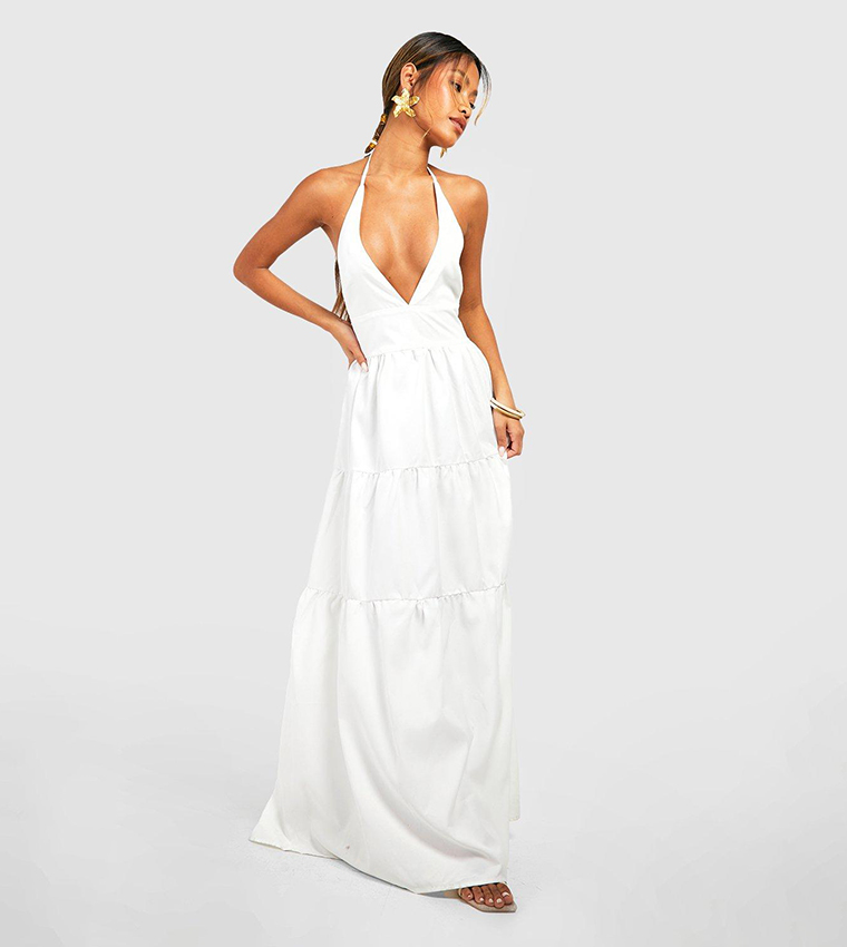 Buy Boohoo Halter Neck Button Detail Tiered Maxi Dress In White | 6thstreet  Kuwait