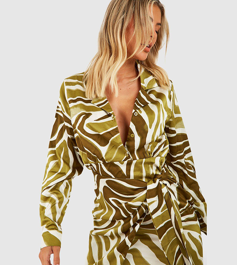 Buy Boohoo Zebra Print Satin Shirt Dress In Khaki 6thStreet Kuwait