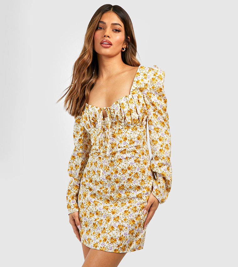 Buy Boohoo Floral Print Skater Dress In Yellow 6thStreet UAE