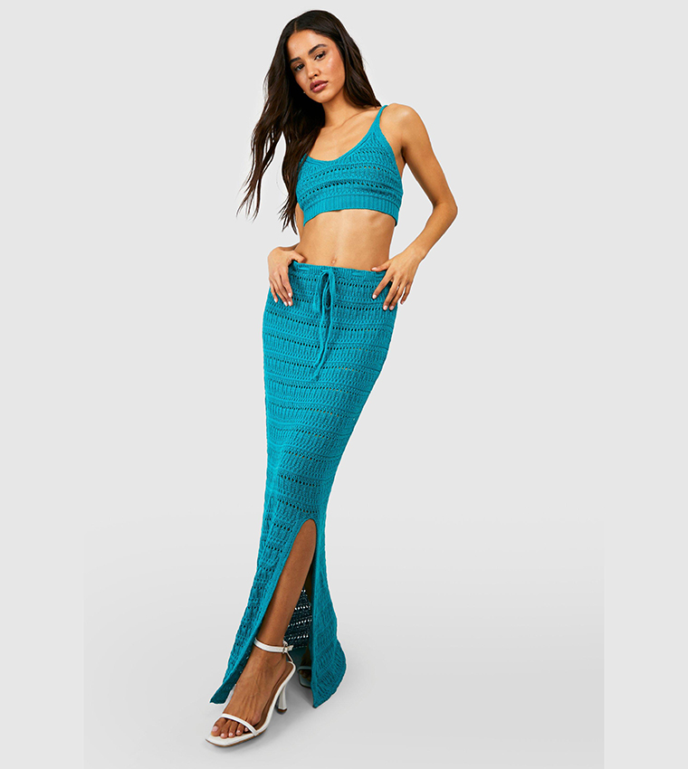 Buy Boohoo Crochet Bralette And Maxi Skirt Set In Green | 6thStreet Qatar