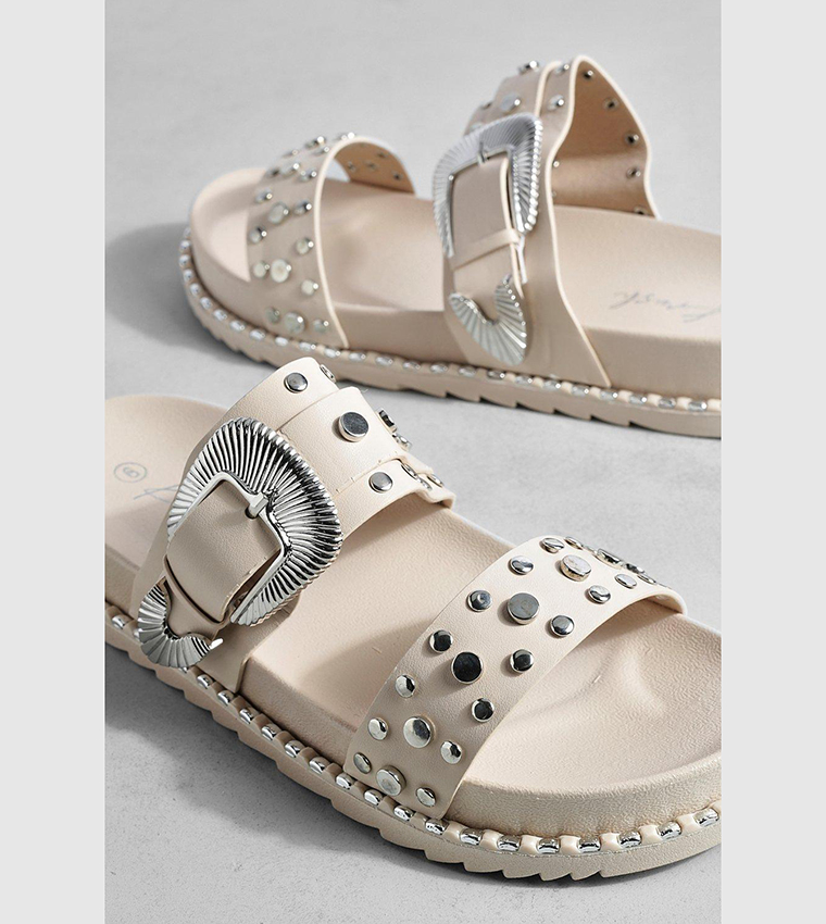 Buy Boohoo Wide Fit Stud Detail Western Double Strap Slides In Beige