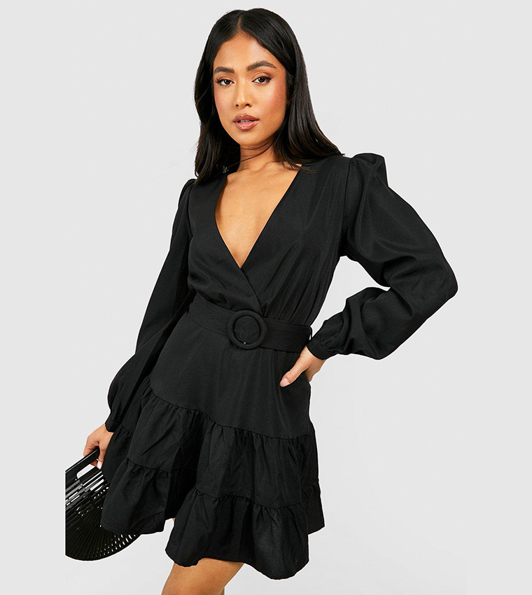 Buy Boohoo Volume Sleeves Wrap Skater Dress In Black | 6thStreet Kuwait