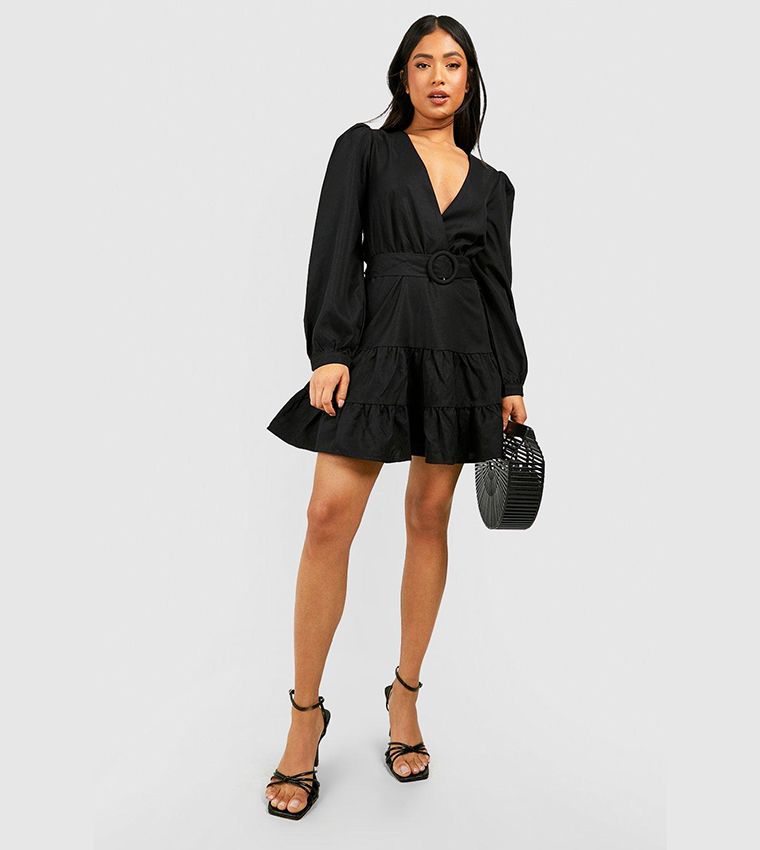 Buy Boohoo Volume Sleeves Wrap Skater Dress In Black | 6thStreet Kuwait
