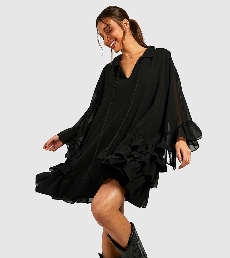 boohoo ruffle detail smock mini dress Buy Boohoo Ruffle Detail Smock Dress In Black