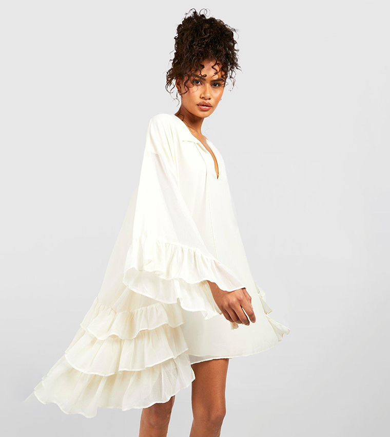 boohoo ruffle detail smock mini dress Chocolate Ruffle Detail Smock Mini Dress