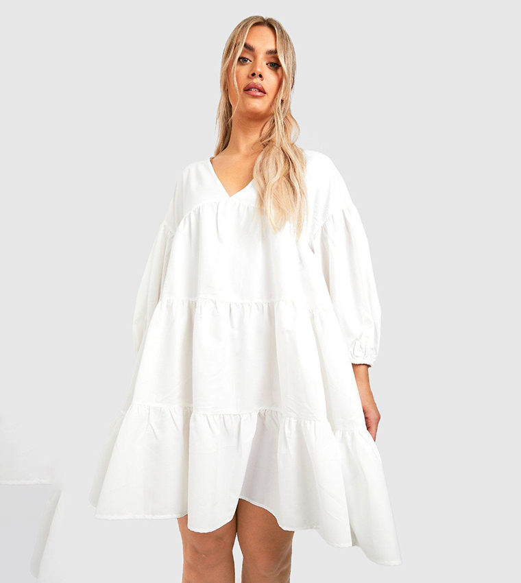 Buy Boohoo Woven Tiered Puff Sleeves Smock Dress In White