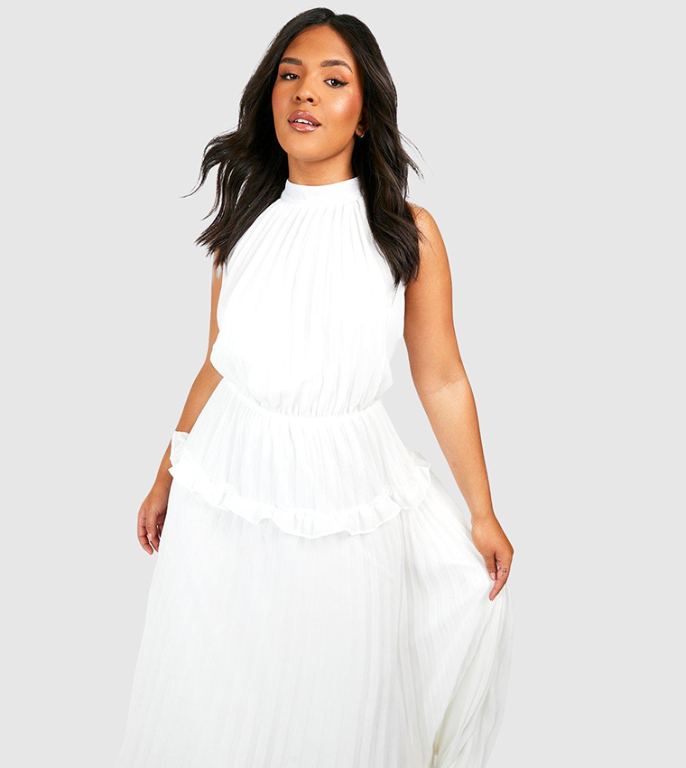 4510780 White Pleated Frill Dress