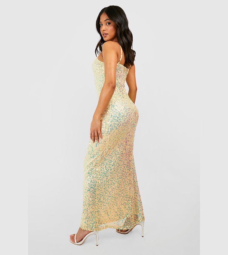 Buy Boohoo Halter Sequin Column Maxi Dress In Yellow