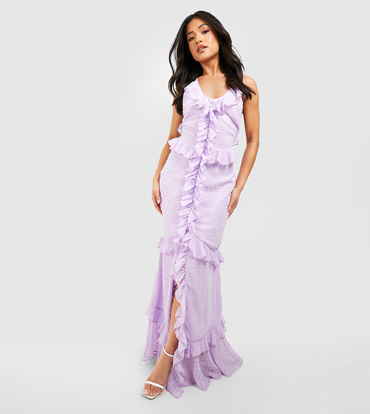 Buy Boohoo Dobby Chiffon Ruffle Split Front Maxi Dress In Purple