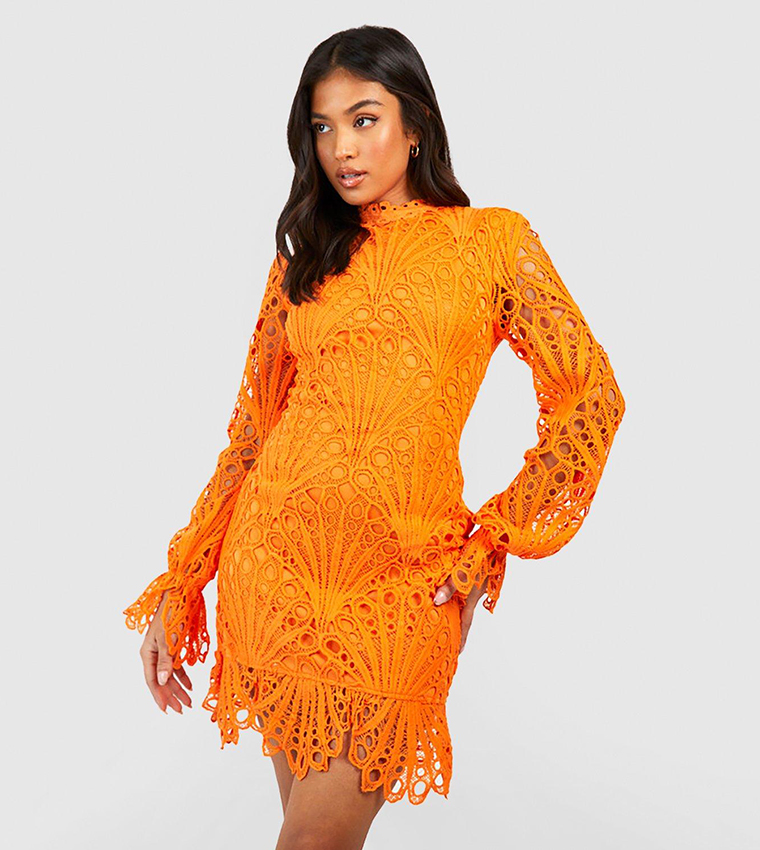 Orange lace 2025 dress with sleeves