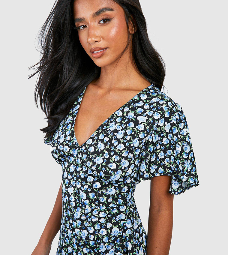 Petite Ditsy Floral Angel Sleeve Wrap Midi Dress