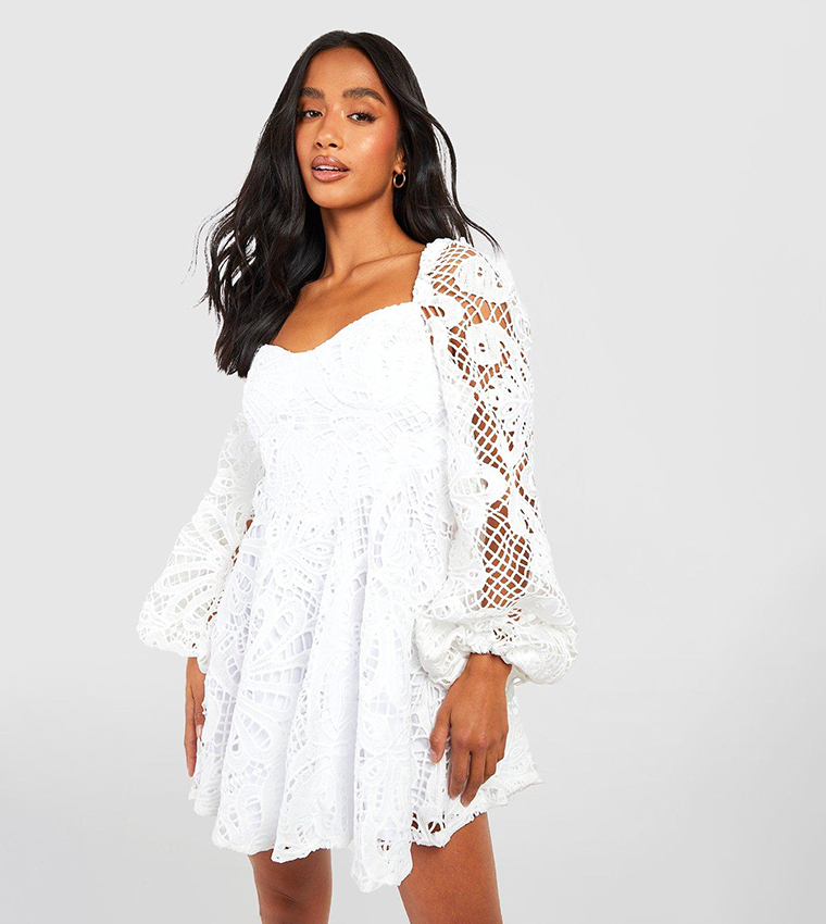 Boohoo lace skater dress with flared cuffs in hot sale white