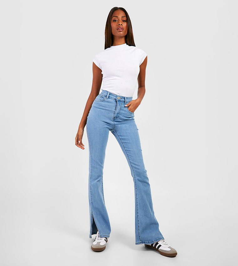 Buy Boohoo High Rise Split Hem Flared Jeans In Blue