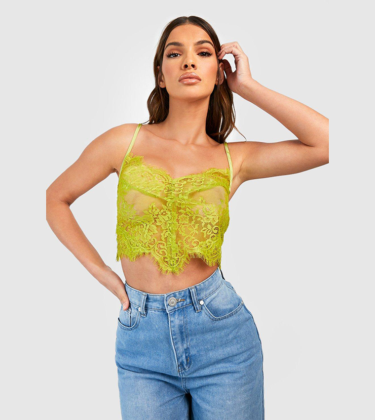 Buy Boohoo Eyelash Lace Strappy Bralette Top In Green