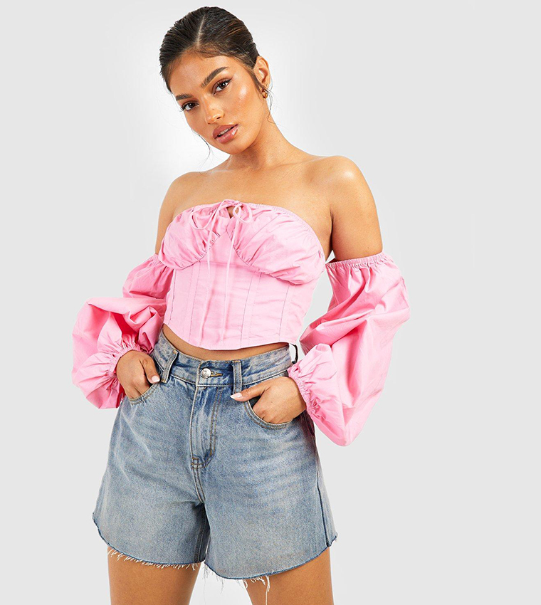 Buy Boohoo Cotton Poplin Off The Shoulder Puff Sleeves Corset Top