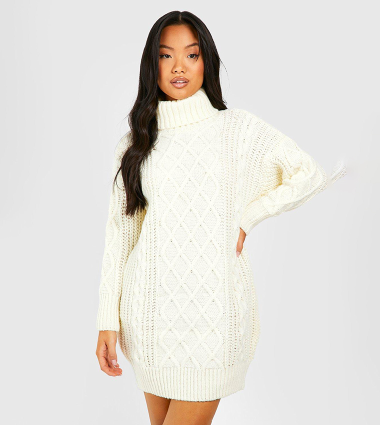 Buy Boohoo Roll Neck Diamond Cable Knit Jumper Dress In White 6thStreet Kuwait