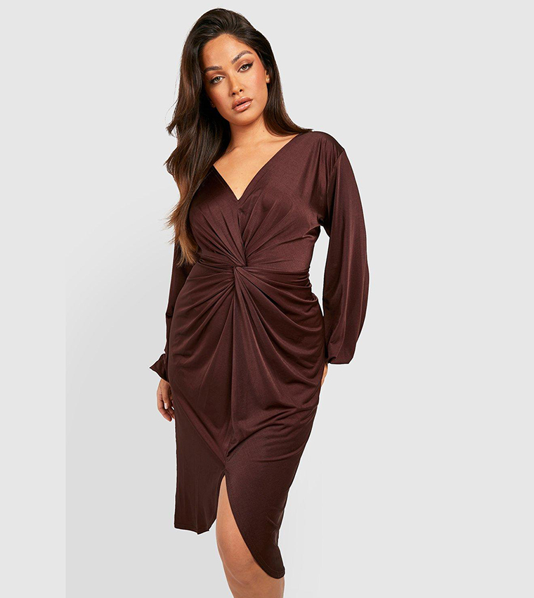 Twist front plunge slinky midi cheap dress