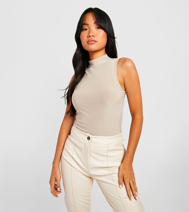 Buy Boohoo Double Layer Slinky High Neck Bodysuit In Beige