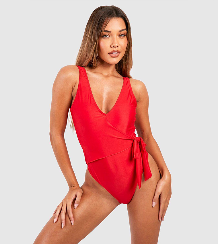 Buy Boohoo Fuller Bust Tummy Control Wrap Swimsuit In Red