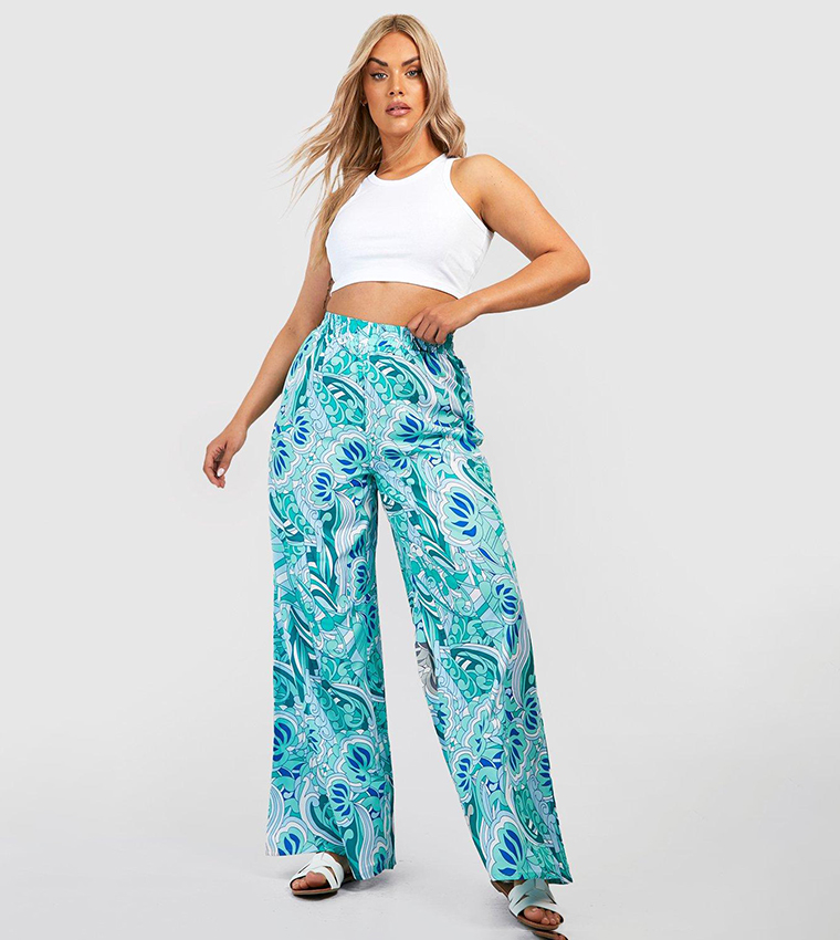 High-waist pants with wide leg and front slits in paisley