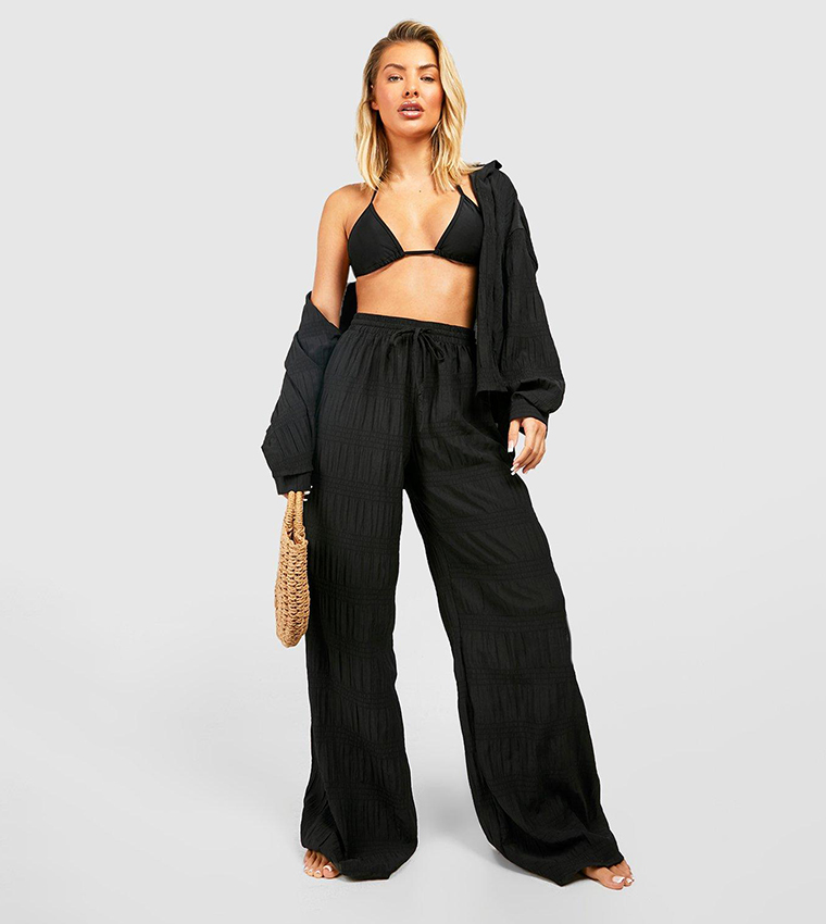 Buy Boohoo Shirred Crinkle Palazzo Beach Trousers In Black
