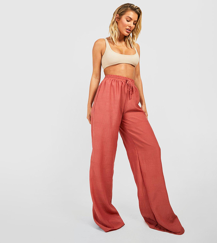 Buy Boohoo Shirred Crinkle Palazzo Beach Trousers In Beige