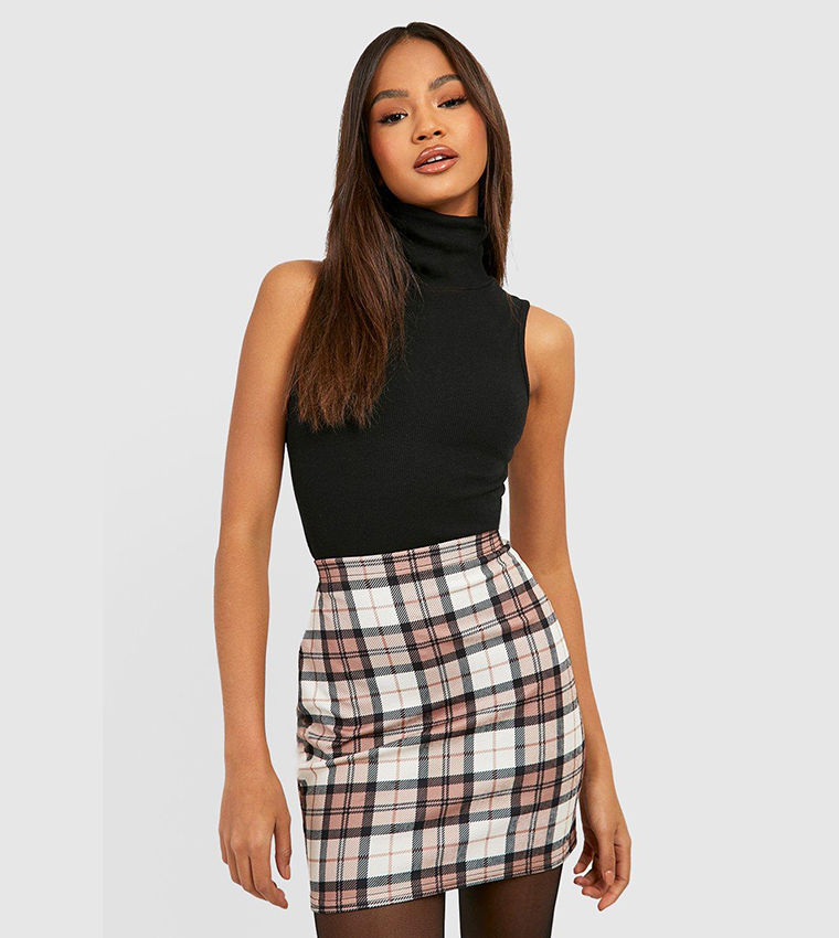 Buy Boohoo Check Print High Rise Mini Skirt In Beige 6thStreet UAE