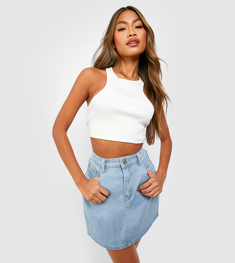 High waisted light outlet wash denim skirt