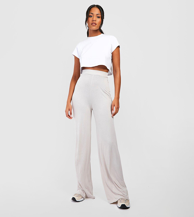 Buy Boohoo Tall Basic Wide Leg High Rise Split Hem Jersey Trousers In Beige