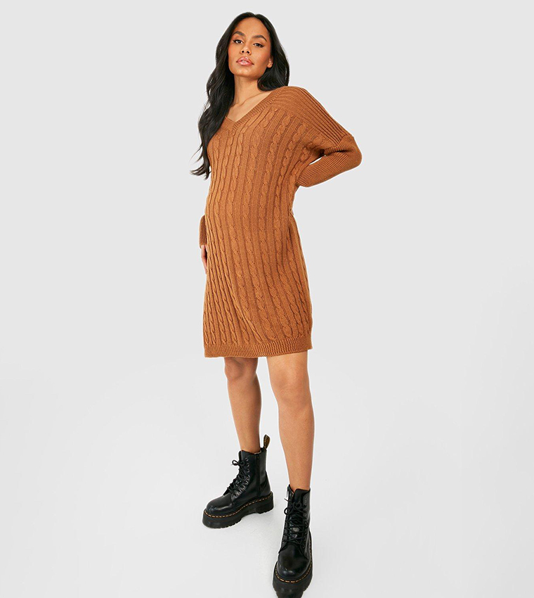 v neck knitted jumper dress womens V Neck Knit Jumper Dress in Corps Beige Marl