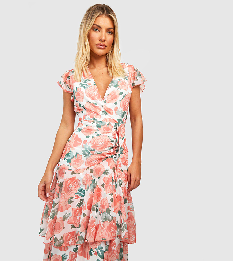 Buy Boohoo Floral Chiffon Ruffle Tiered Maxi Dress In Pink 6thStreet Bahrain