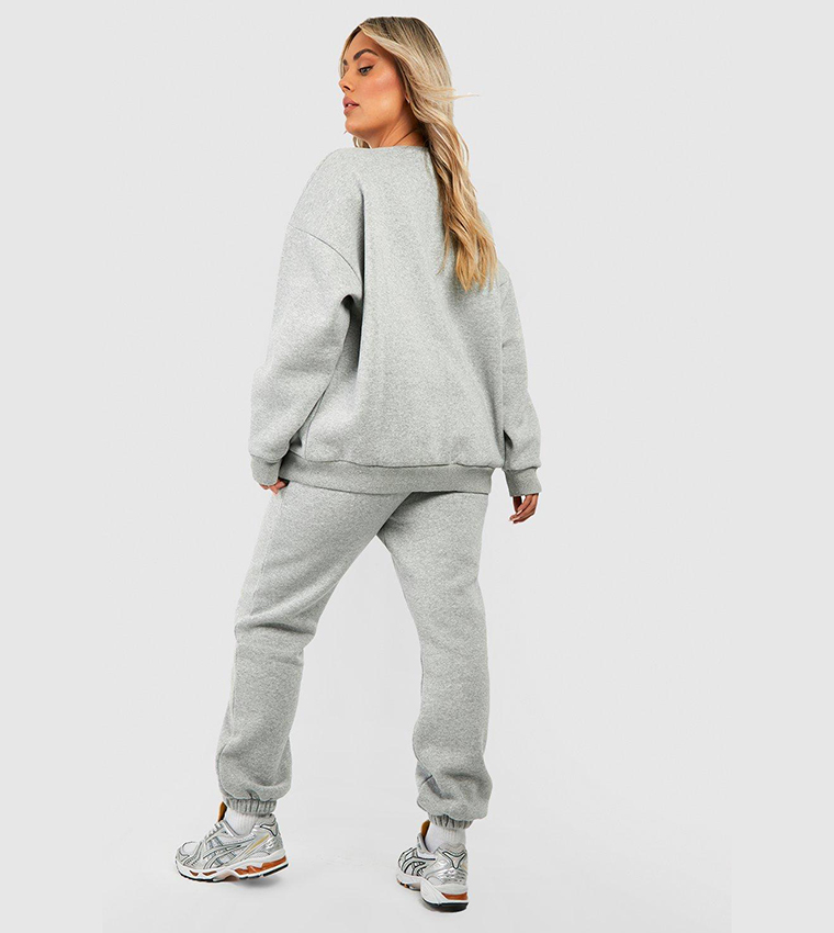 Buy Boohoo Wardrobe Essentials Slogan Sweater Tracksuit In Grey