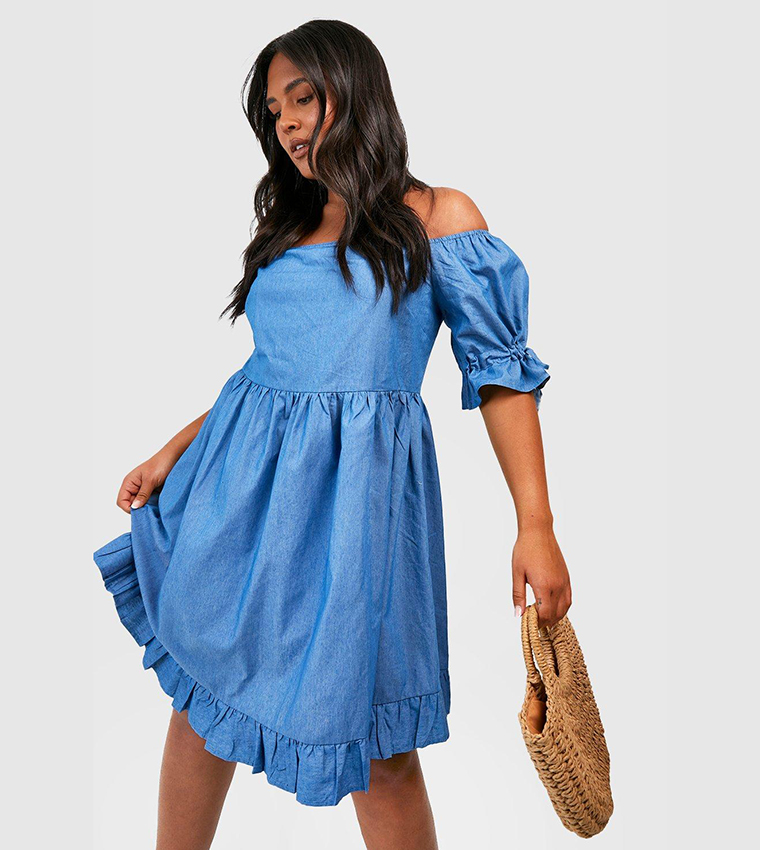 Boohoo Denim Dress Chambray Smock Dress Midi Dress Off The