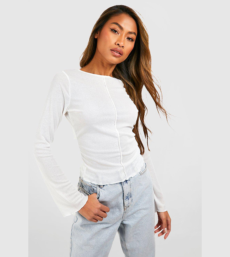 Buy Boohoo Textured Semi Sheer Long Sleeves Top In White