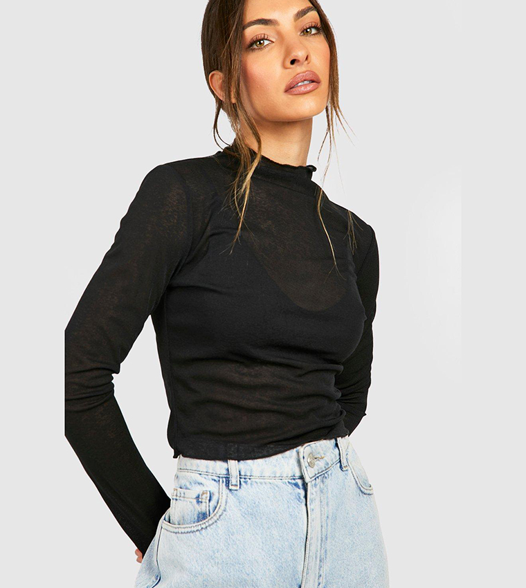 Buy Boohoo Textured Semi Sheer High Neck Long Sleeves Top In Black 6thStreet Kuwait