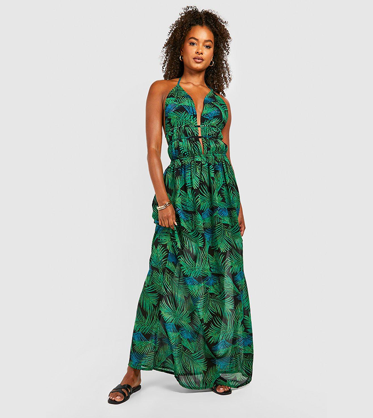 Tall Plunge Front Palm Print Maxi Dress 6