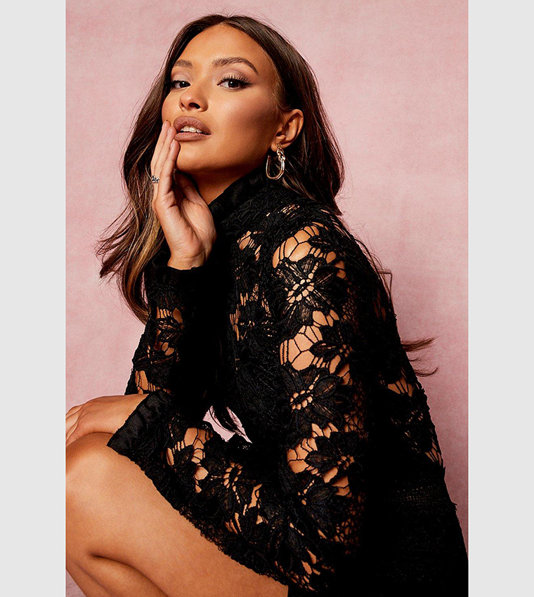 Lace High Neck Long Sleeves Tiered Mini Dress