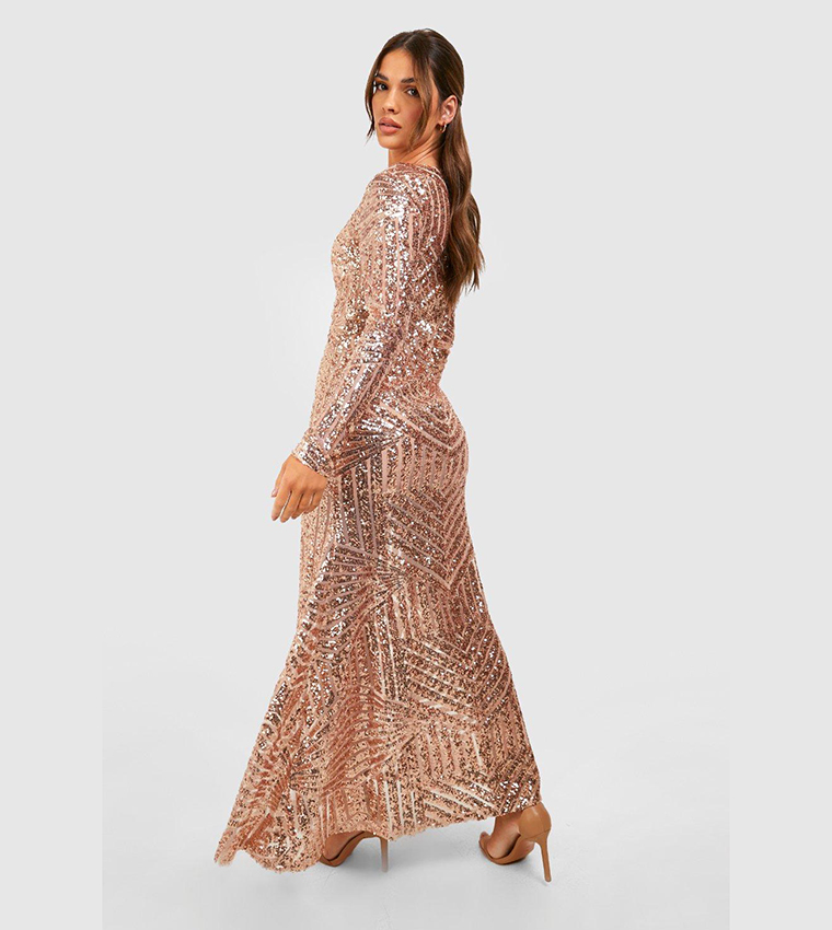 Buy Boohoo Boutique Sequin Long Sleeves Maxi Bridesmaid Dress In Nude