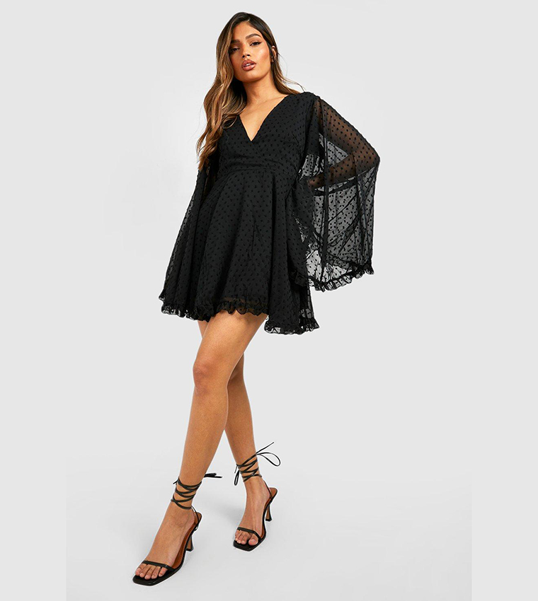 dobby chiffon wide sleeve skater dress Black boohoo Plus Dobby Chiffon Wide Sleeve Skater Dress
